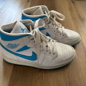 Nike Air Jordan White and Blue Athletic High Top Sneakers